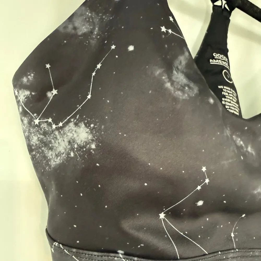 NWT Good American Celestial Print Sports Bra Size 3 L Black Crossback Strap